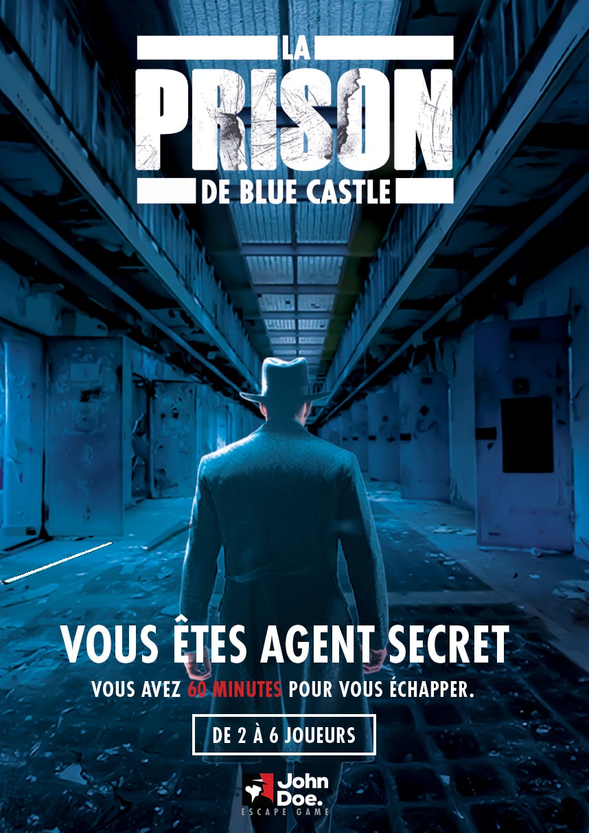 Affiche la prison de Blue Castle où l'on voit deux agents secrets dans le couloir de la prison et l'ombre du gardien brandissant un couteau.