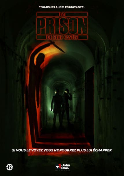 Blue Castle prison poster showing two secret agents in the prison corridor and the guard's shadow brandishing a knife.