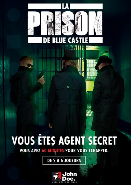 Affiche de la Prison de blue castle en a4 représentant 3 agents secrets dans une prison sombre et angoissante